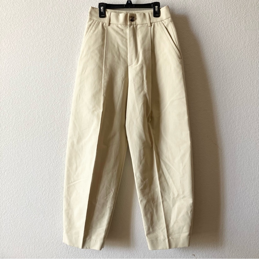 Zara Cream 100% Cotton Minimalist Business Casual Barrel Balloon Leg Trousers XS